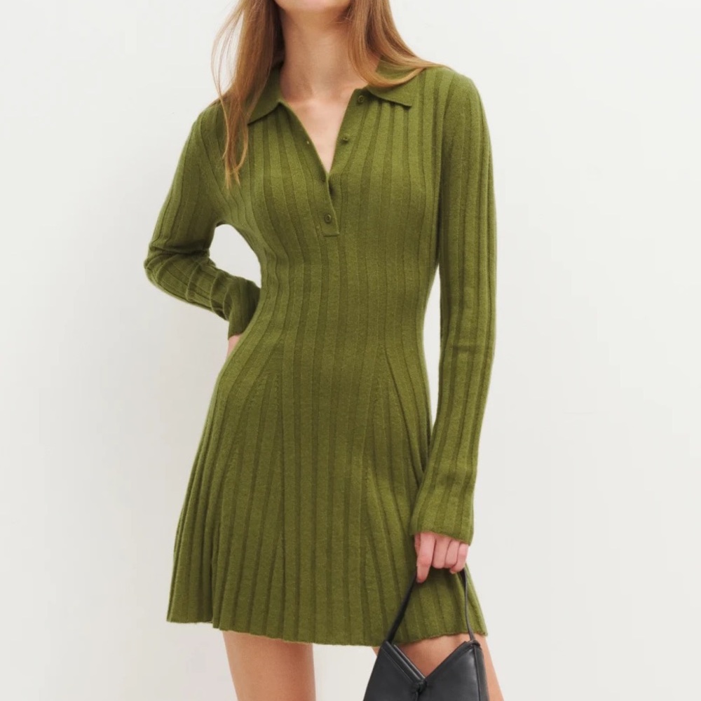 Reformation Walsh Cashmere Collared Mini Dress Pear Green Large XL NWT